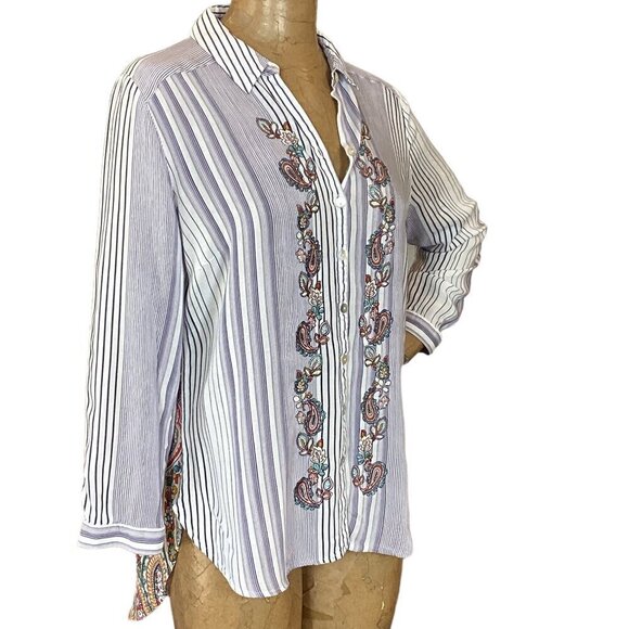 Chico's Striped Medallion Tunic Sz 2P (12/14P) Mixed Media Embroidered 294C - Picture 6 of 11